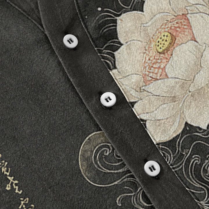 Buddha Stones Cotton Lotus Wave Pattern Men's Short Sleeve Half Button Shirt - image 3