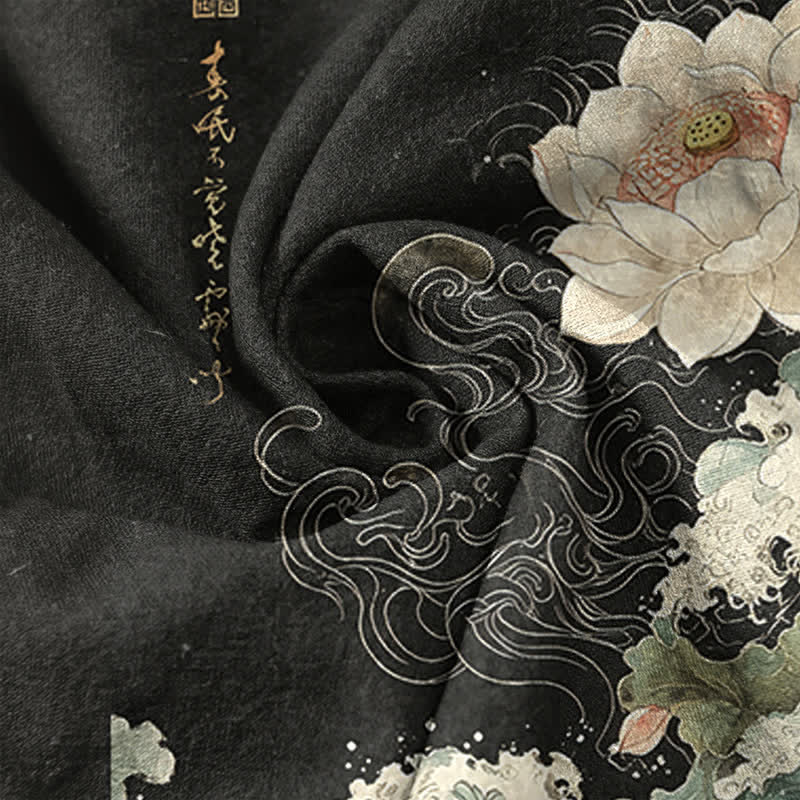 Buddha Stones Cotton Lotus Wave Pattern Men's Short Sleeve Half Button Shirt - image 4