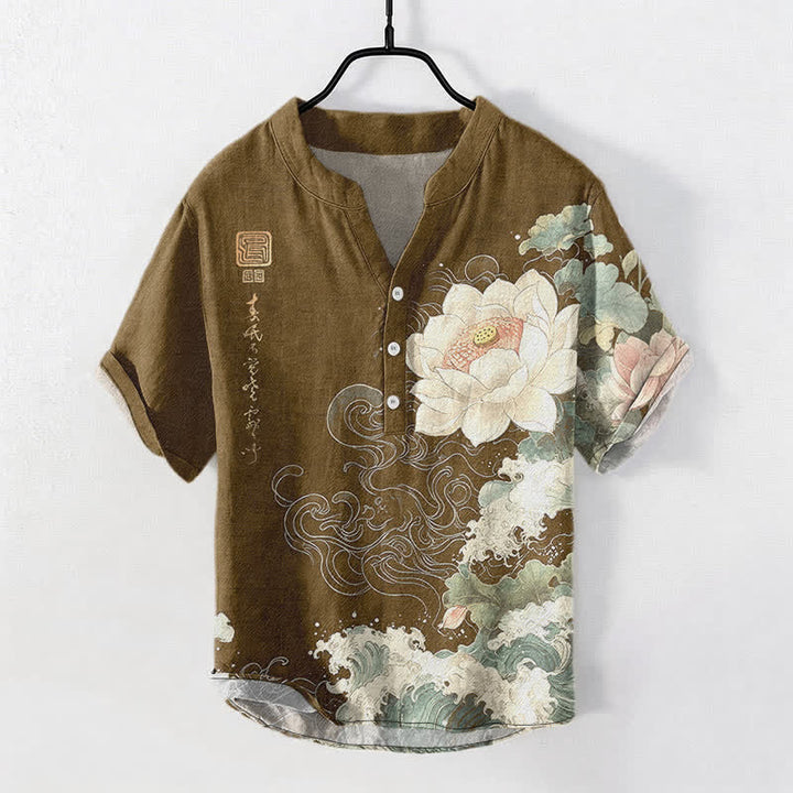 Buddha Stones Cotton Lotus Wave Pattern Men's Short Sleeve Half Button Shirt - SaddleBrown - US/UK/AU50，EU60 (5XL) - image 5