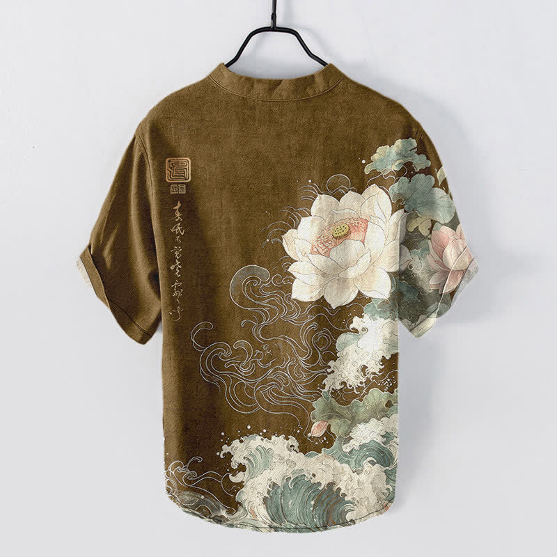 Buddha Stones Cotton Lotus Wave Pattern Men's Short Sleeve Half Button Shirt - image 6