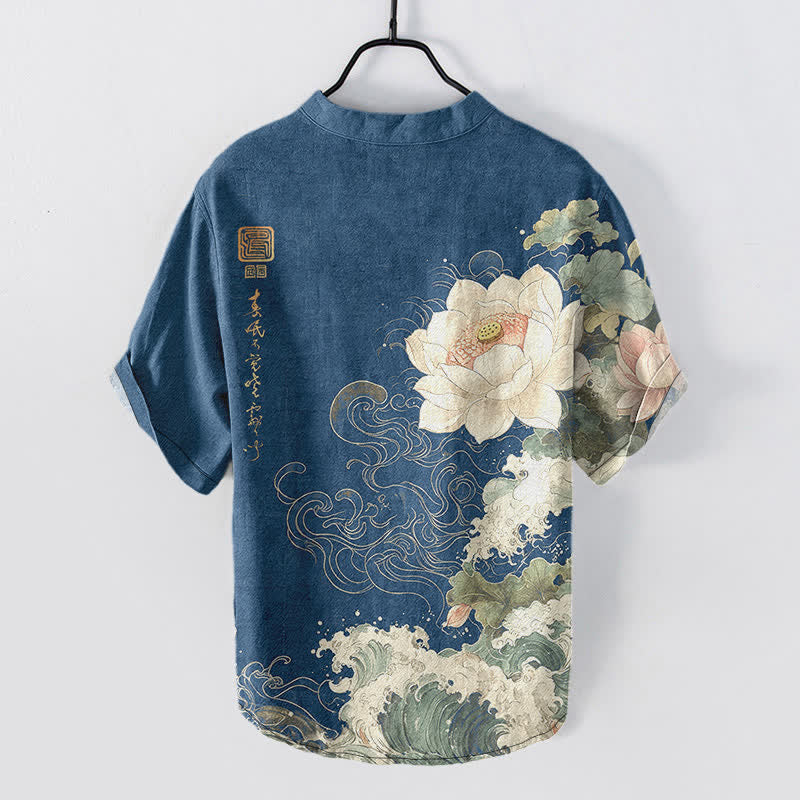 Buddha Stones Cotton Lotus Wave Pattern Men's Short Sleeve Half Button Shirt - image 8
