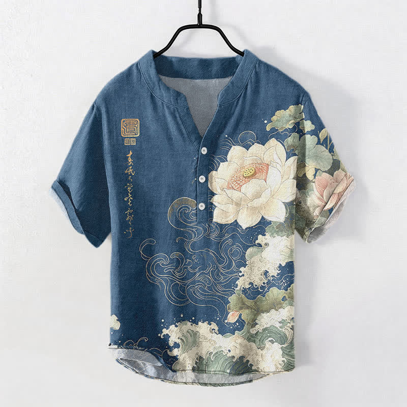 Buddha Stones Cotton Lotus Wave Pattern Men's Short Sleeve Half Button Shirt - SteelBlue - US/UK/AU50，EU60 (5XL) - image 7