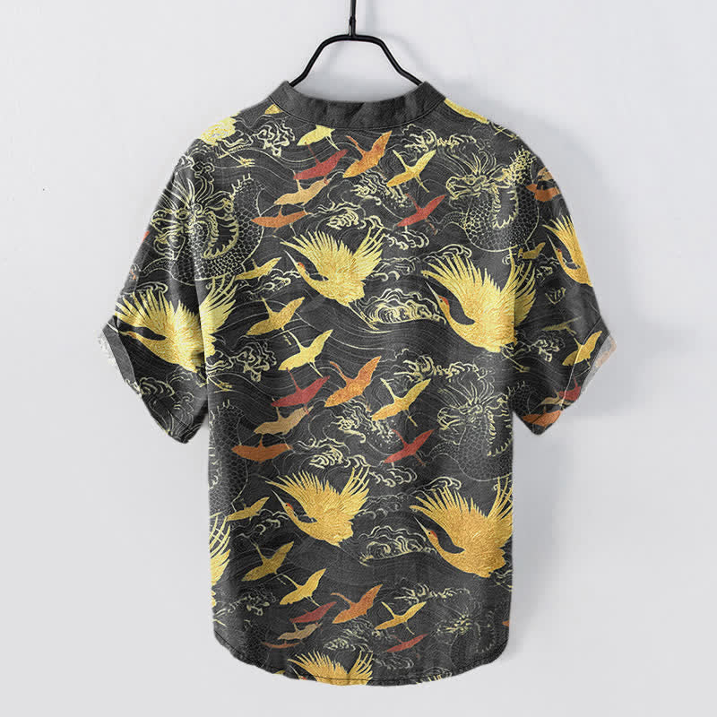 Buddha Stones Cotton Flying Crane Wave Pattern Men's Short Sleeve Half Button Shirt - image 1