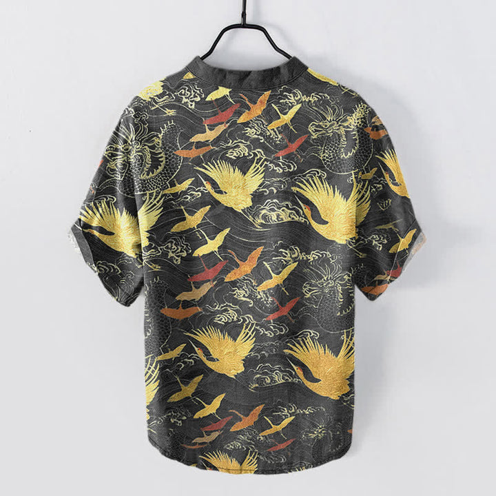 Buddha Stones Cotton Flying Crane Wave Pattern Men's Short Sleeve Half Button Shirt - image 1