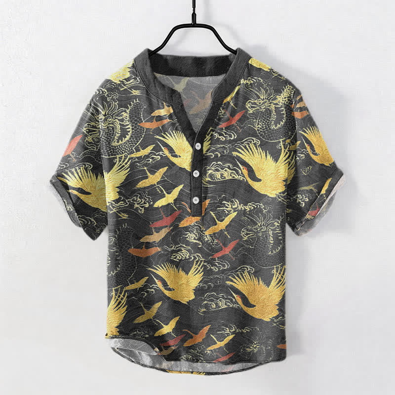 Buddha Stones Cotton Flying Crane Wave Pattern Men's Short Sleeve Half Button Shirt - DimGray - US/UK/AU50，EU60 (5XL) - image 0