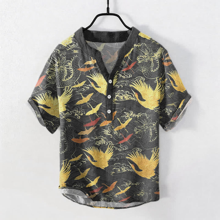 Buddha Stones Cotton Flying Crane Wave Pattern Men's Short Sleeve Half Button Shirt - DimGray - US/UK/AU50，EU60 (5XL) - image 0