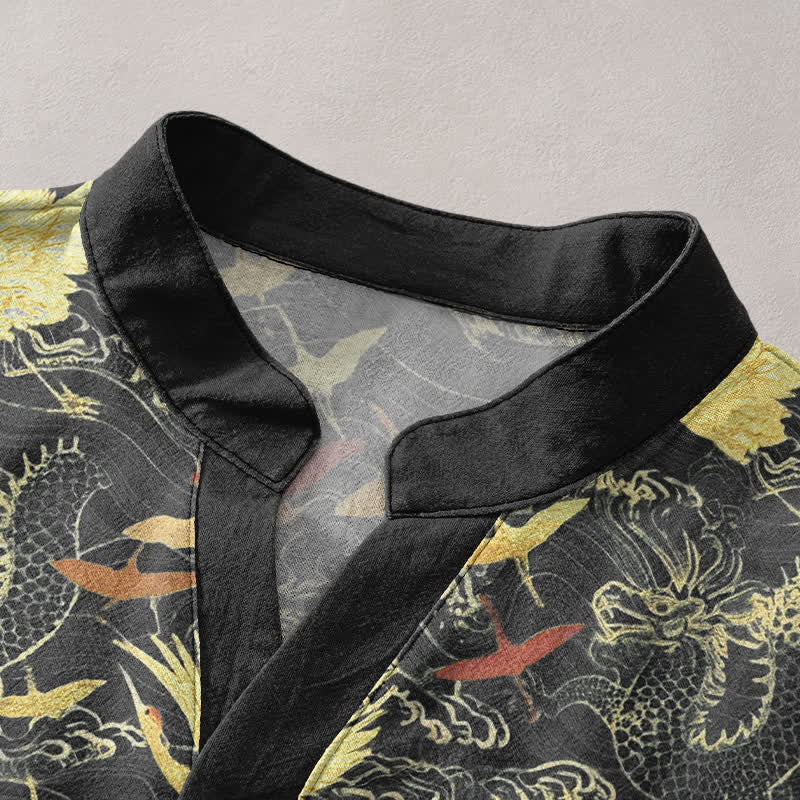 Buddha Stones Cotton Flying Crane Wave Pattern Men's Short Sleeve Half Button Shirt - image 2