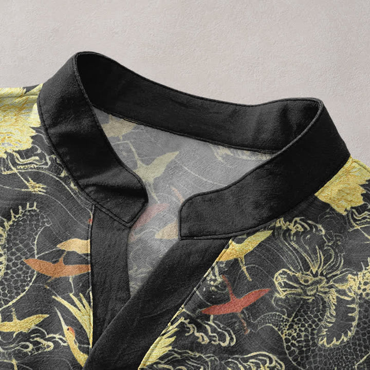 Buddha Stones Cotton Flying Crane Wave Pattern Men's Short Sleeve Half Button Shirt - image 2
