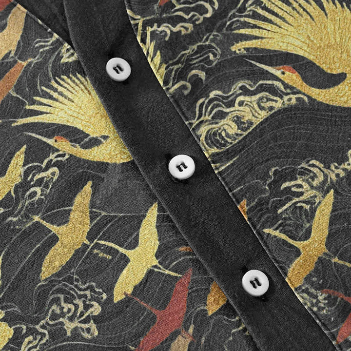 Buddha Stones Cotton Flying Crane Wave Pattern Men's Short Sleeve Half Button Shirt - image 3