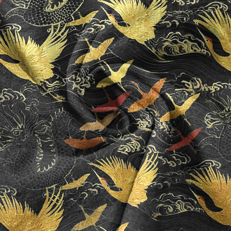 Buddha Stones Cotton Flying Crane Wave Pattern Men's Short Sleeve Half Button Shirt - image 4