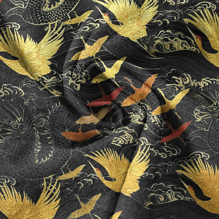 Buddha Stones Cotton Flying Crane Wave Pattern Men's Short Sleeve Half Button Shirt - image 4