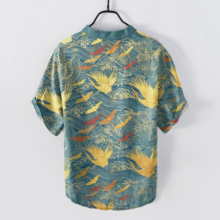 Buddha Stones Cotton Flying Crane Wave Pattern Men's Short Sleeve Half Button Shirt - image 6