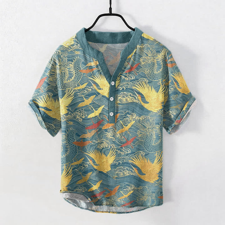 Buddha Stones Cotton Flying Crane Wave Pattern Men's Short Sleeve Half Button Shirt - Teal - US/UK/AU50，EU60 (5XL) - image 5