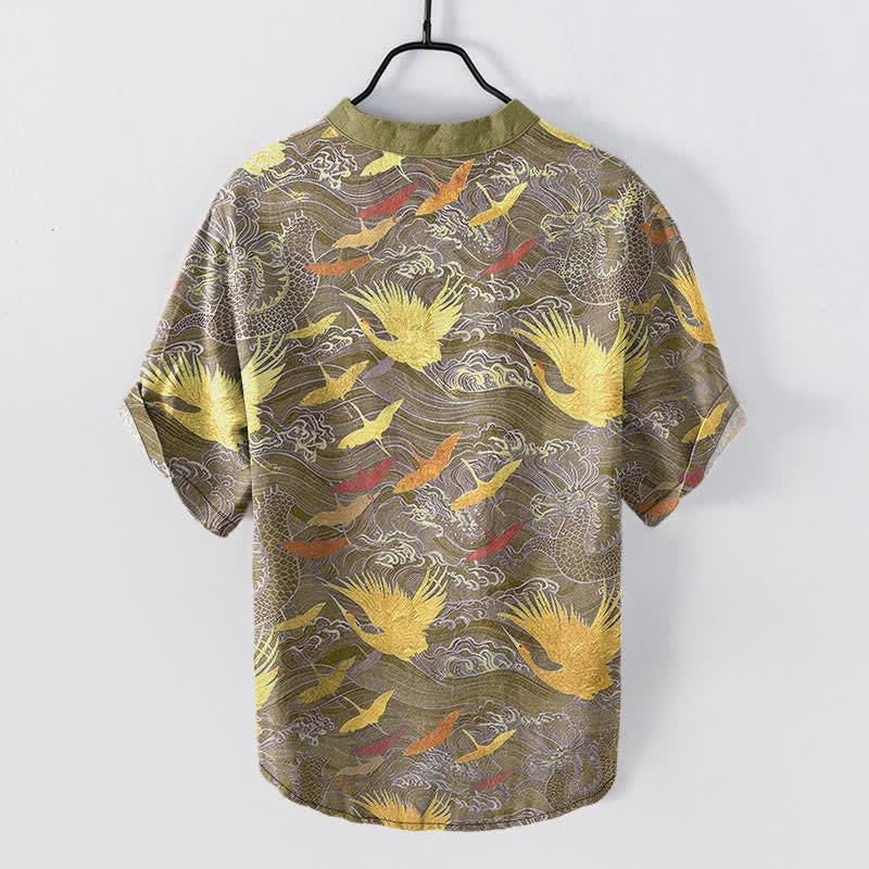 Buddha Stones Cotton Flying Crane Wave Pattern Men's Short Sleeve Half Button Shirt - image 8