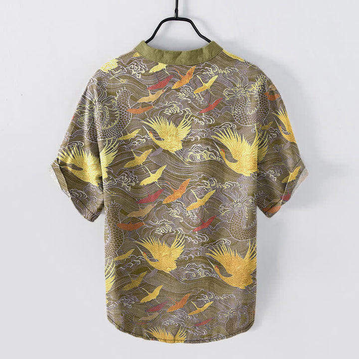 Buddha Stones Cotton Flying Crane Wave Pattern Men's Short Sleeve Half Button Shirt - image 8