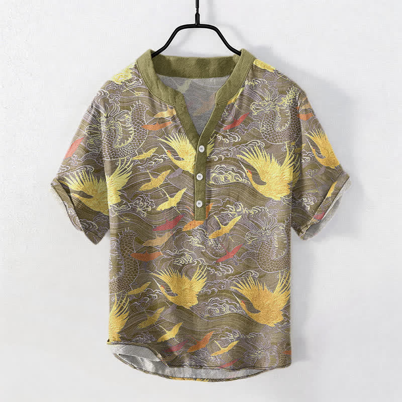 Buddha Stones Cotton Flying Crane Wave Pattern Men's Short Sleeve Half Button Shirt - Olive - US/UK/AU50，EU60 (5XL) - image 7