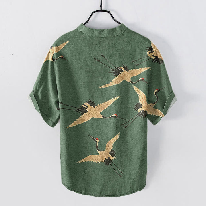 Buddha Stones Cotton Flying Crane Pattern Men's Short Sleeve Half Button Shirt - image 1
