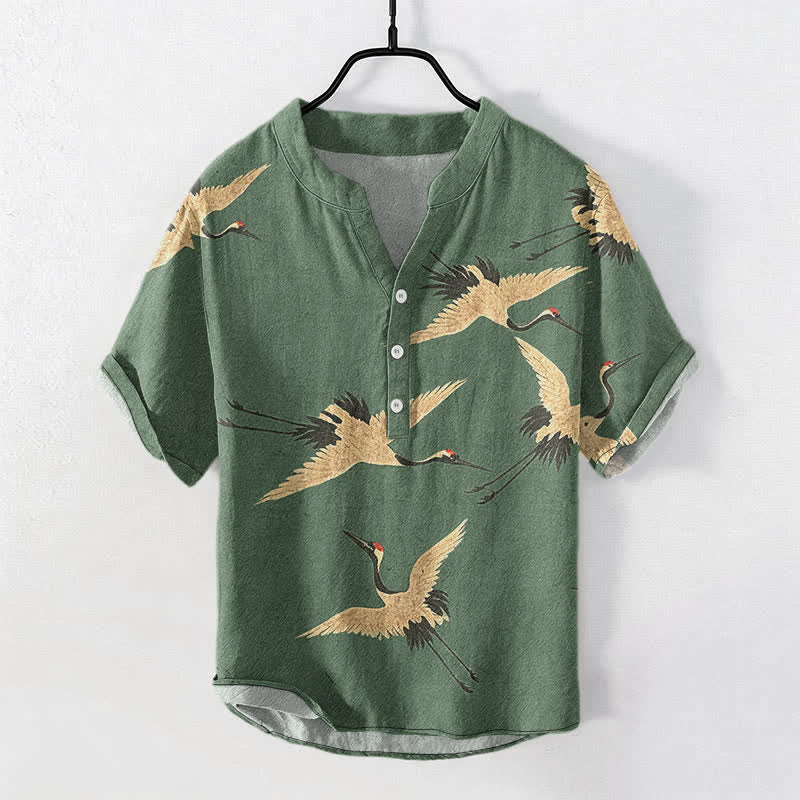 Buddha Stones Cotton Flying Crane Pattern Men's Short Sleeve Half Button Shirt - OliveDrab - US/UK/AU50，EU60 (5XL) - image 0