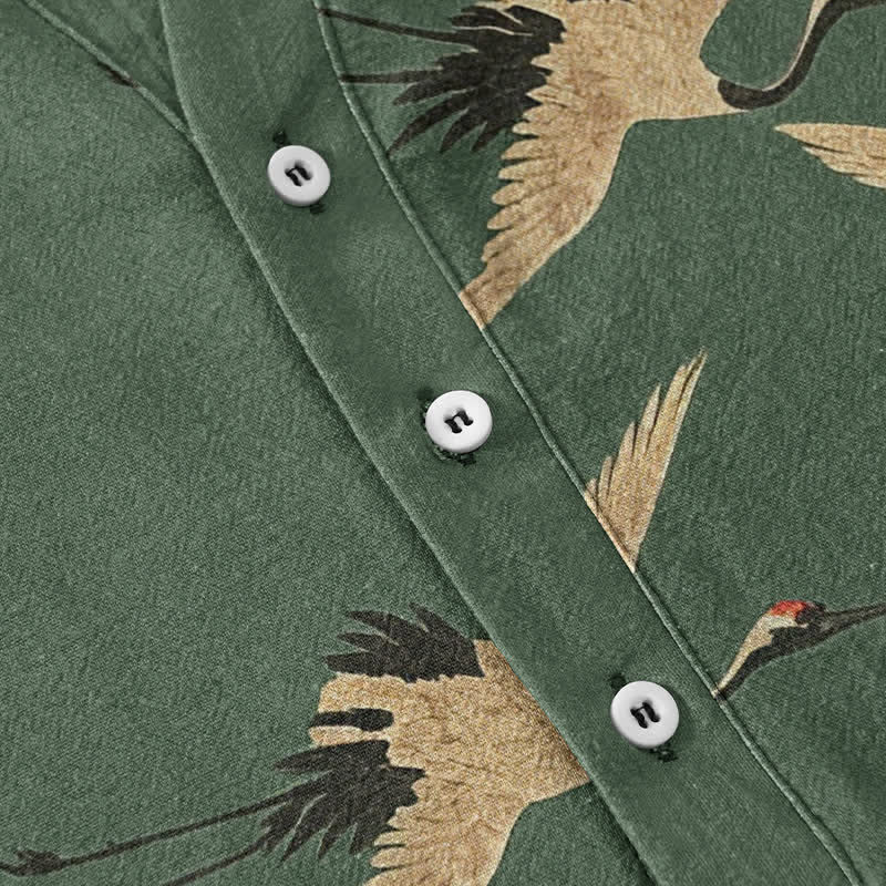 Buddha Stones Cotton Flying Crane Pattern Men's Short Sleeve Half Button Shirt - image 3