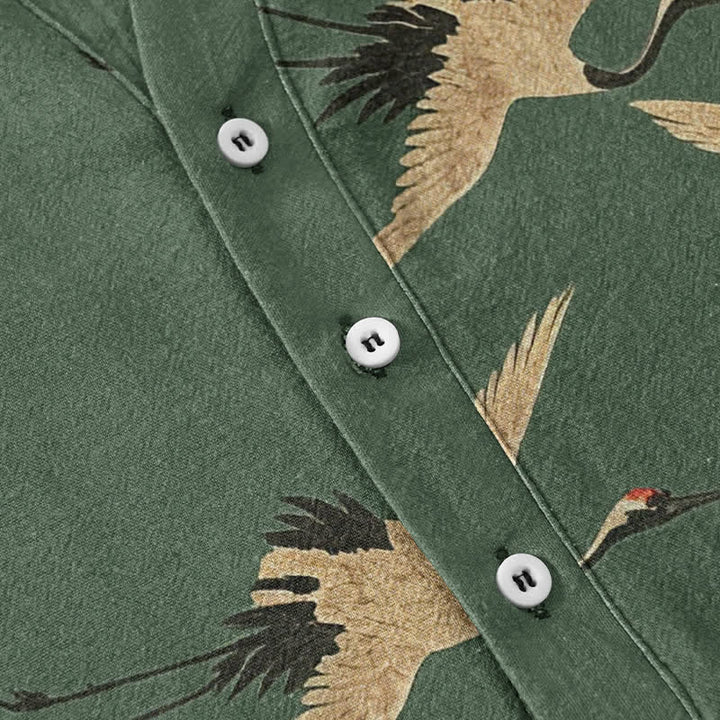 Buddha Stones Cotton Flying Crane Pattern Men's Short Sleeve Half Button Shirt - image 3