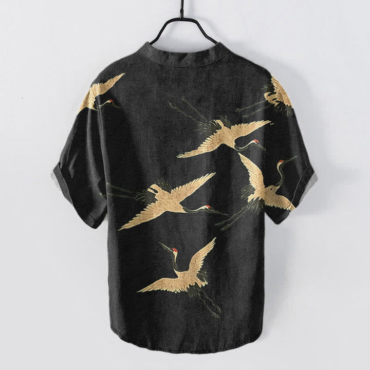 Buddha Stones Cotton Flying Crane Pattern Men's Short Sleeve Half Button Shirt - image 6