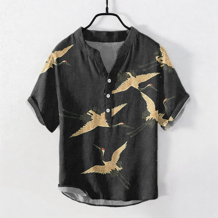 Buddha Stones Cotton Flying Crane Pattern Men's Short Sleeve Half Button Shirt - Black - US/UK/AU50，EU60 (5XL) - image 5
