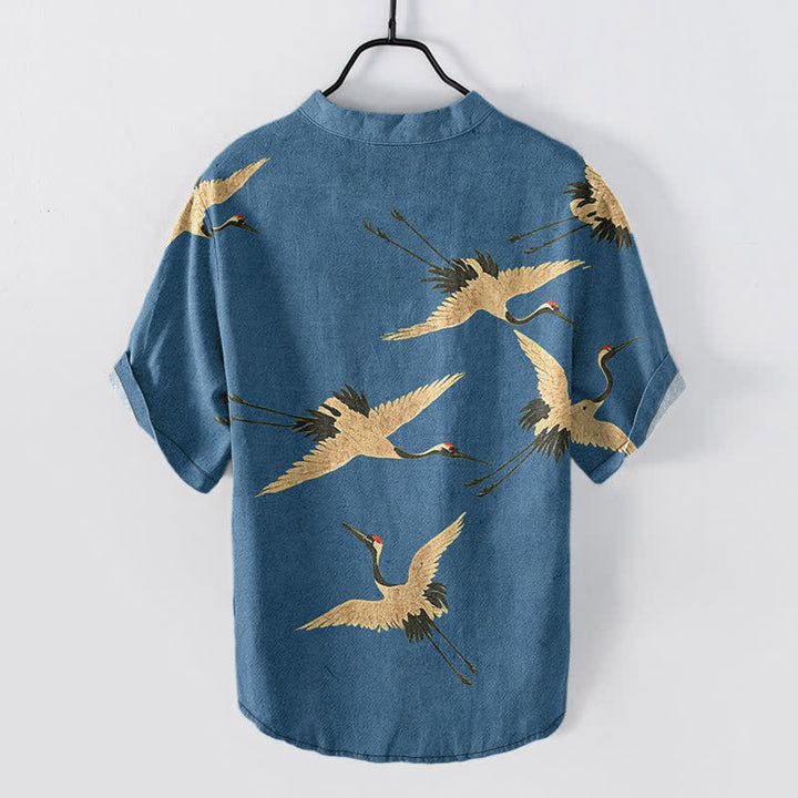 Buddha Stones Cotton Flying Crane Pattern Men's Short Sleeve Half Button Shirt - image 8