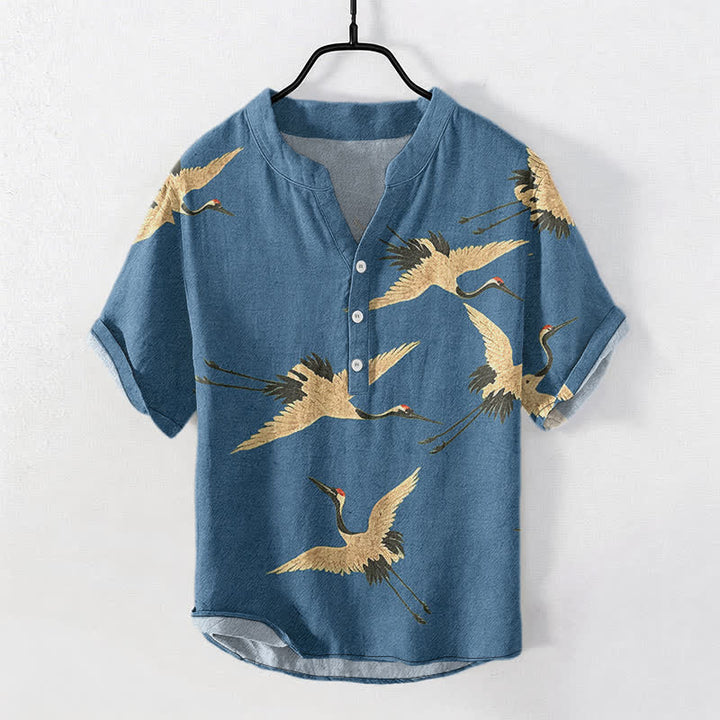 Buddha Stones Cotton Flying Crane Pattern Men's Short Sleeve Half Button Shirt - SteelBlue - US/UK/AU50，EU60 (5XL) - image 7