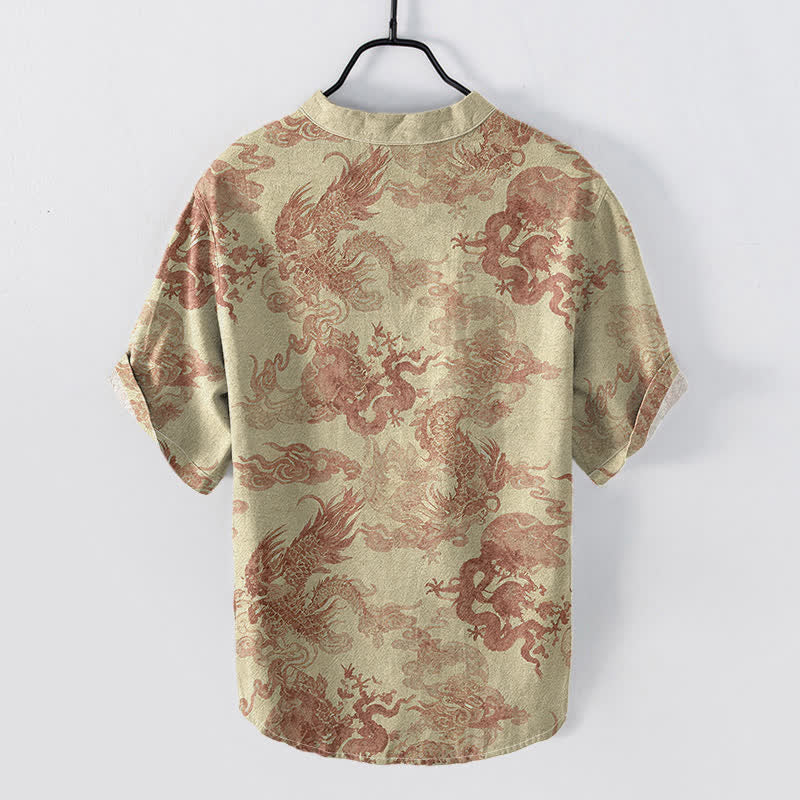 Buddha Stones Cotton Vintage Dragon Pattern Men's Short Sleeve Half Button Shirt - image 1
