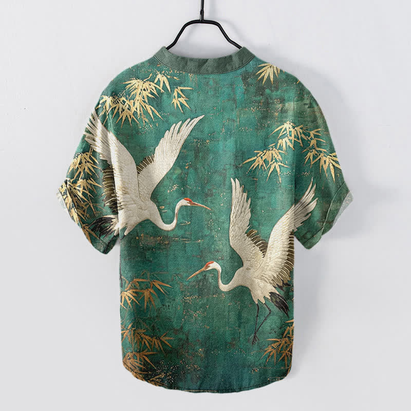 Buddha Stones Cotton Crane Bamboo Pattern Men's Short Sleeve Half Button Shirt - image 1