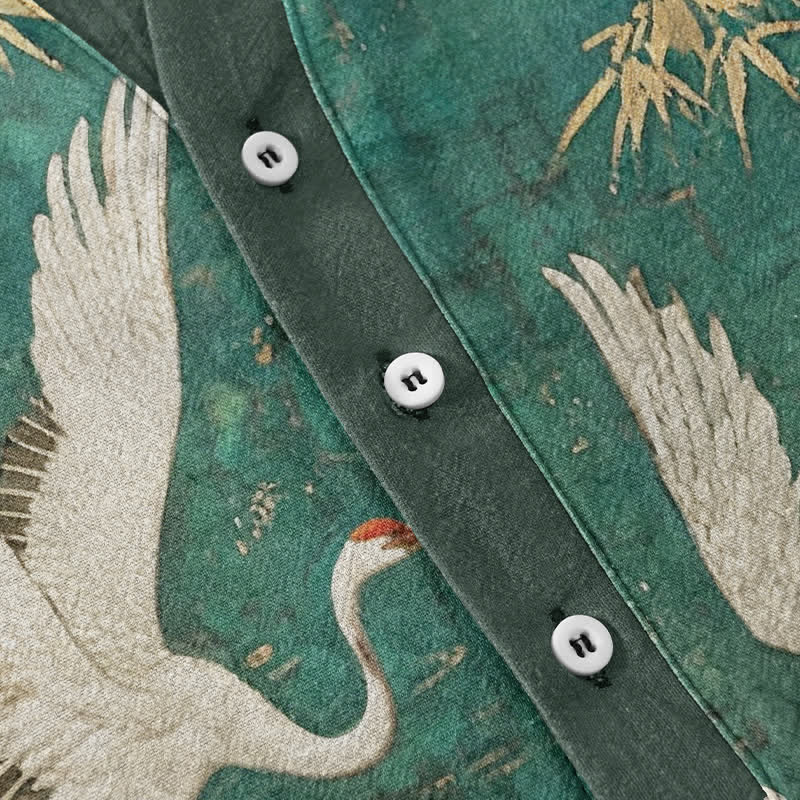 Buddha Stones Cotton Crane Bamboo Pattern Men's Short Sleeve Half Button Shirt - image 3