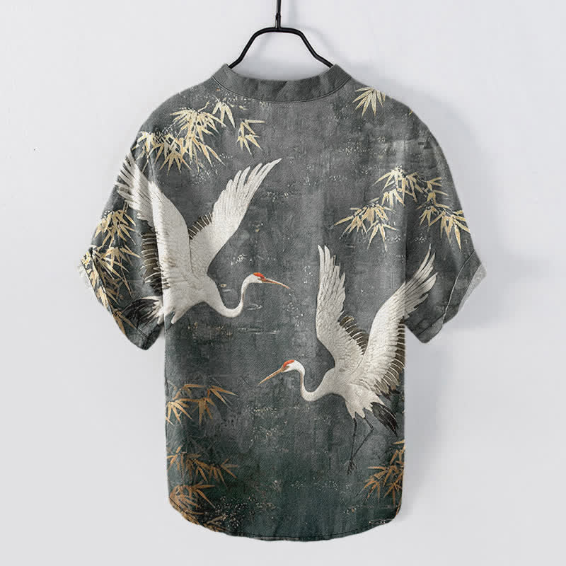 Buddha Stones Cotton Crane Bamboo Pattern Men's Short Sleeve Half Button Shirt - image 6