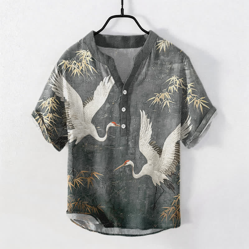 Buddha Stones Cotton Crane Bamboo Pattern Men's Short Sleeve Half Button Shirt - DarkGray - US/UK/AU50，EU60 (5XL) - image 5
