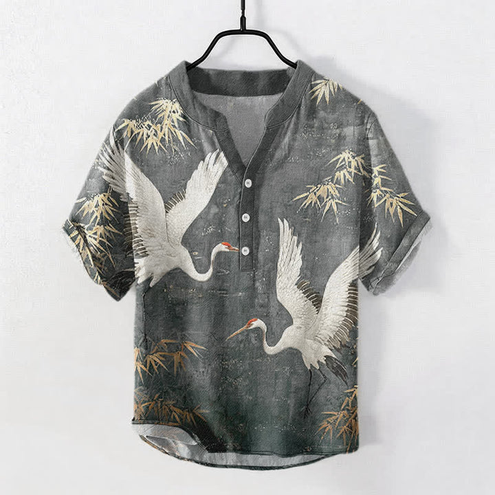 Buddha Stones Cotton Crane Bamboo Pattern Men's Short Sleeve Half Button Shirt - DarkGray - US/UK/AU50，EU60 (5XL) - image 5