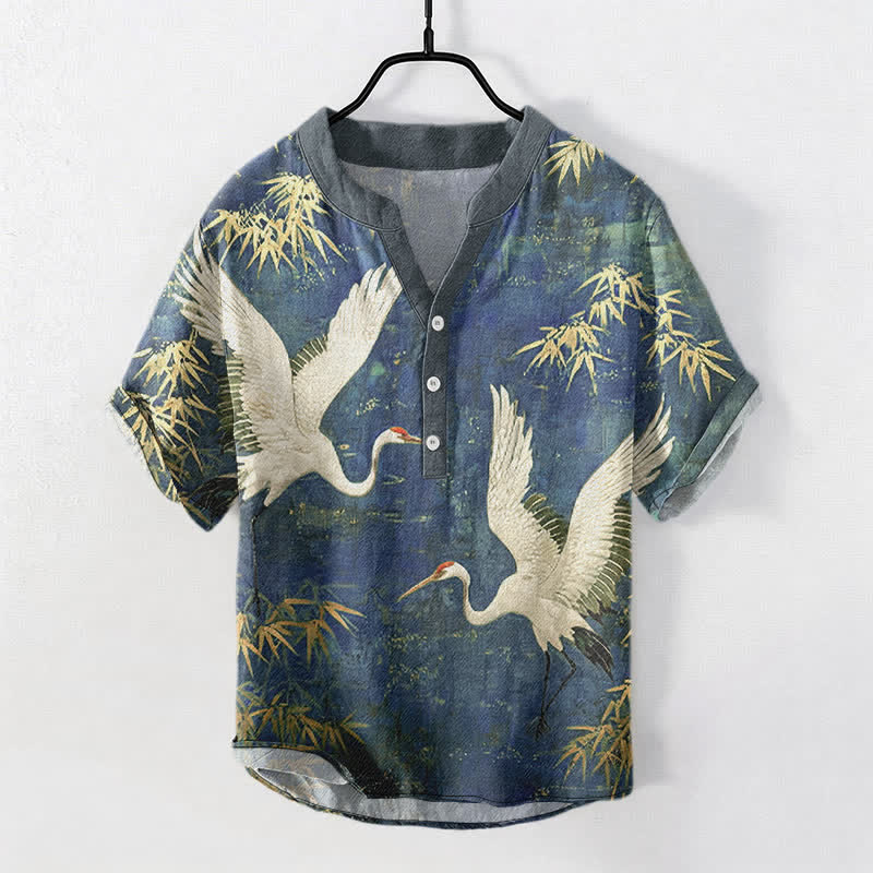 Buddha Stones Cotton Crane Bamboo Pattern Men's Short Sleeve Half Button Shirt - Navy - US/UK/AU50，EU60 (5XL) - image 7