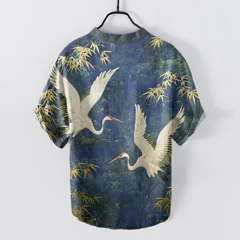 Buddha Stones Cotton Crane Bamboo Pattern Men's Short Sleeve Half Button Shirt - image 8