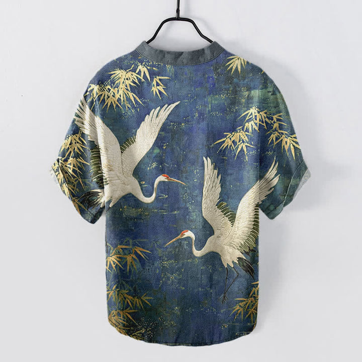 Buddha Stones Cotton Crane Bamboo Pattern Men's Short Sleeve Half Button Shirt - image 8