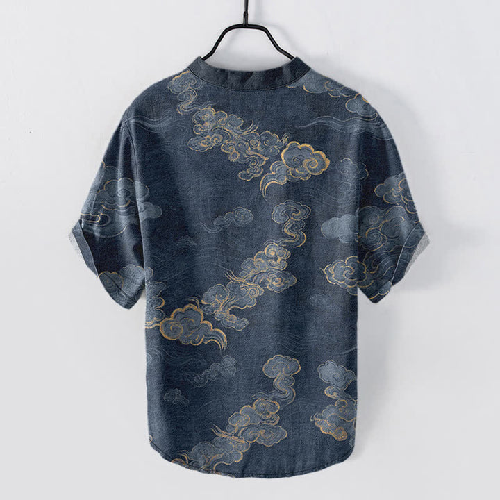 Buddha Stones Cotton Auspicious Cloud Pattern Men's Short Sleeve Half Button Shirt - image 1