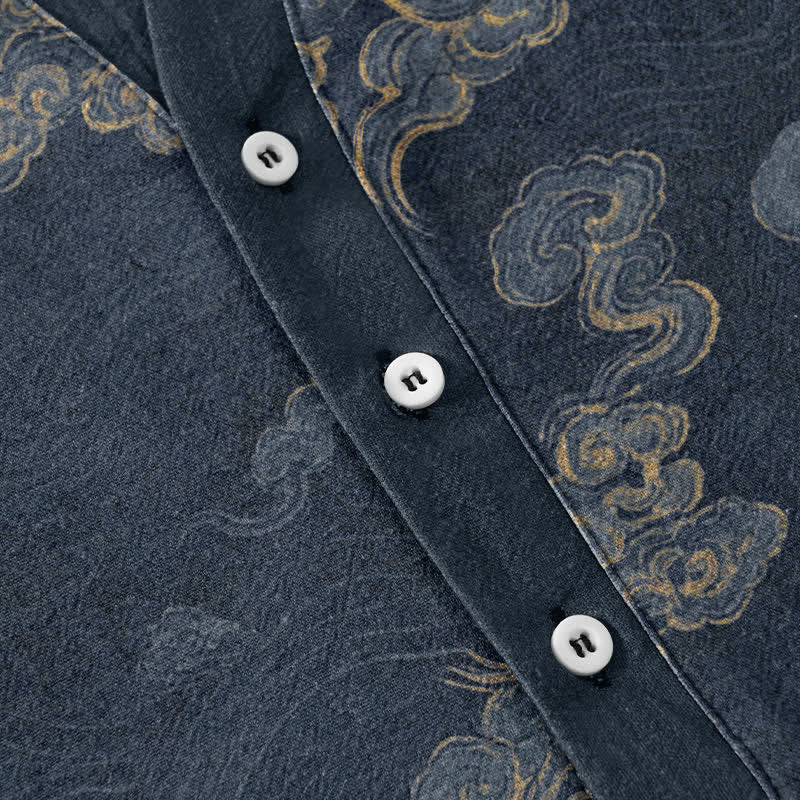Buddha Stones Cotton Auspicious Cloud Pattern Men's Short Sleeve Half Button Shirt - image 3