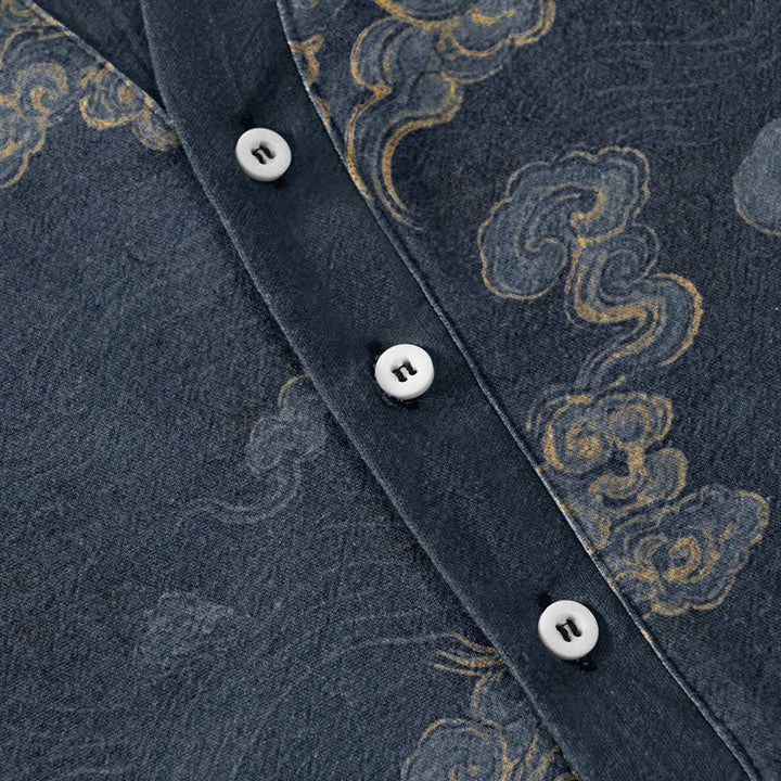 Buddha Stones Cotton Auspicious Cloud Pattern Men's Short Sleeve Half Button Shirt - image 3