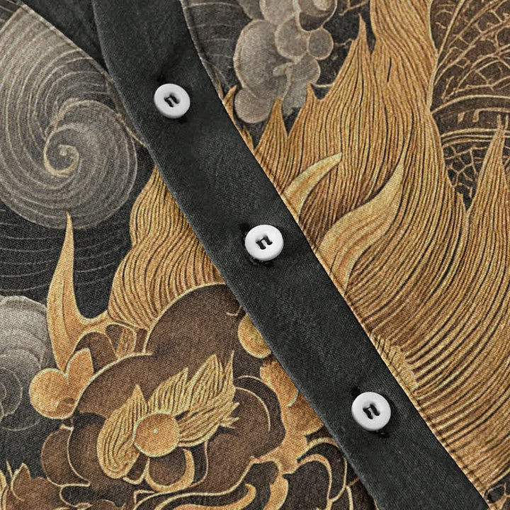 Buddha Stones Cotton Golden Dragon Pattern Men's Short Sleeve Half Button Shirt - image 3