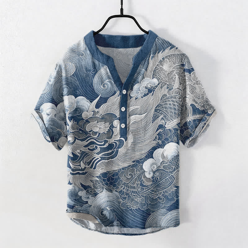 Buddha Stones Cotton Golden Dragon Pattern Men's Short Sleeve Half Button Shirt - image 11