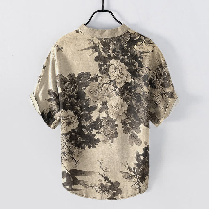 Buddha Stones Cotton Ink Floral Pattern Men's Short Sleeve Half Button Shirt - Beige - US/UK/AU50，EU60 (5XL) - image 0