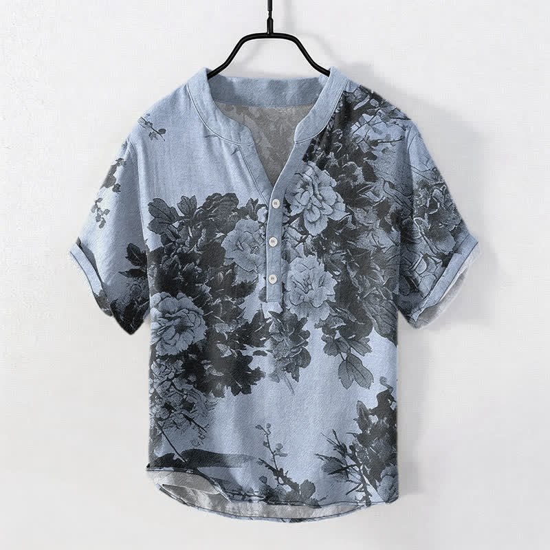 Buddha Stones Cotton Ink Floral Pattern Men's Short Sleeve Half Button Shirt - LightSteelBlue - US/UK/AU50，EU60 (5XL) - image 5