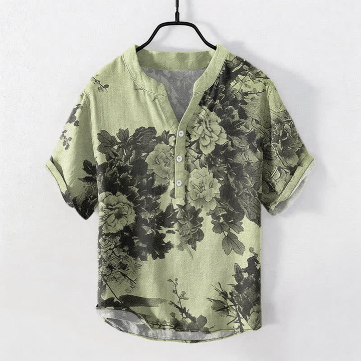 Buddha Stones Cotton Ink Floral Pattern Men's Short Sleeve Half Button Shirt - PaleGreen - US/UK/AU50，EU60 (5XL) - image 7