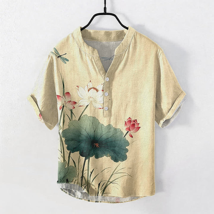 Buddha Stones Cotton Lotus Dragonfly Pattern Men's Short Sleeve Half Button Shirt - Linen - US/UK/AU50，EU60 (5XL) - image 0