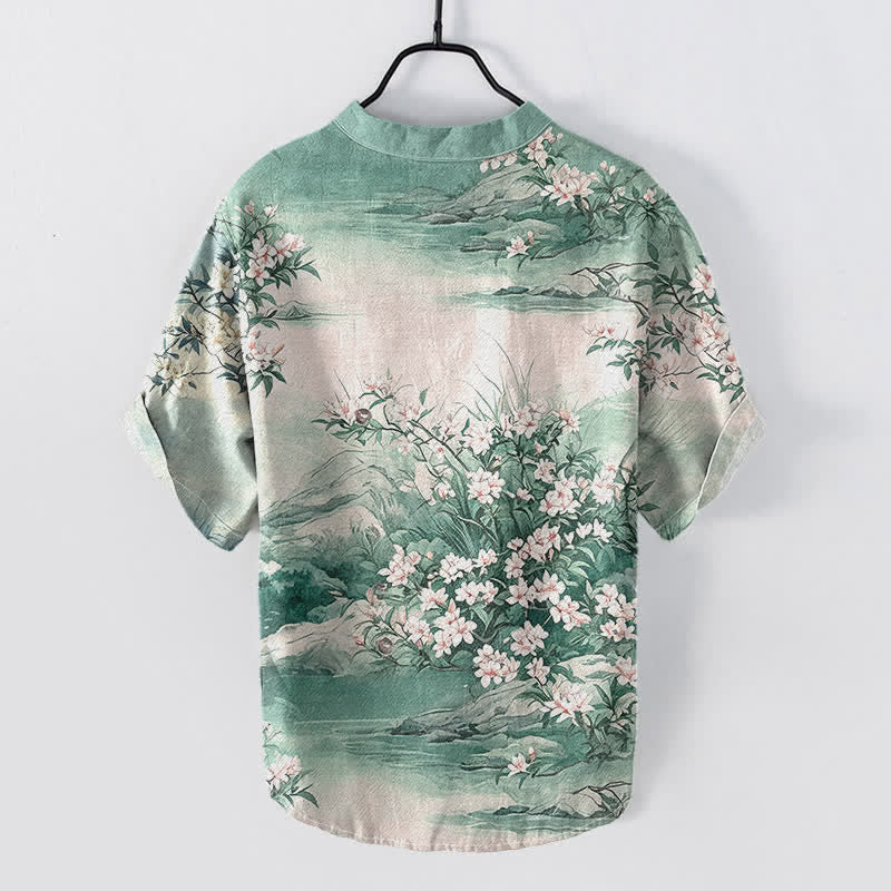 Buddha Stones Cotton Landscape Floral Pattern Men's Short Sleeve Half Button Shirt - image 4