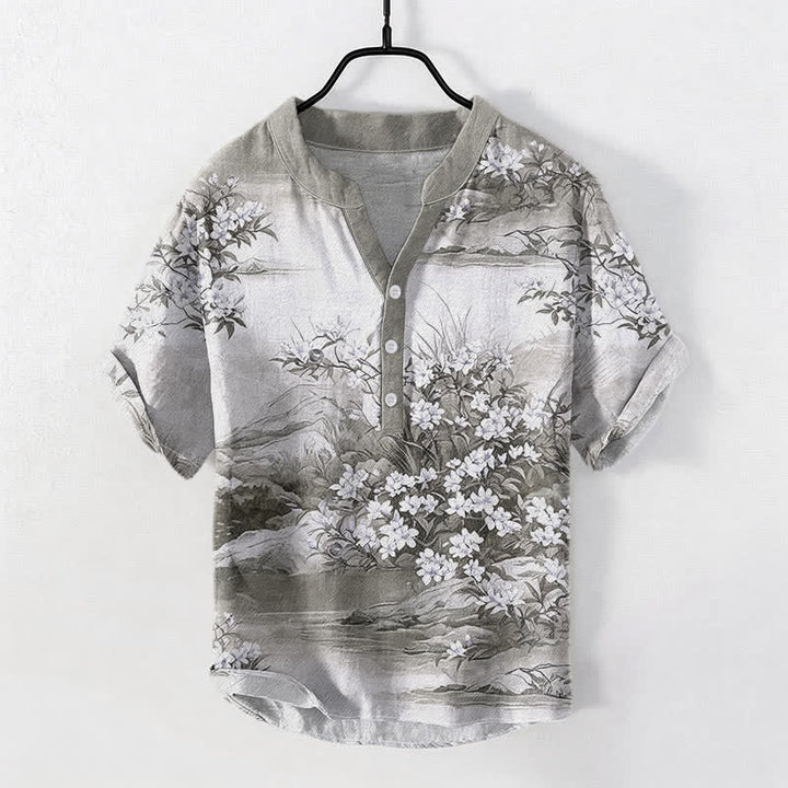 Buddha Stones Cotton Landscape Floral Pattern Men's Short Sleeve Half Button Shirt - LightGrey - US/UK/AU50，EU60 (5XL) - image 5