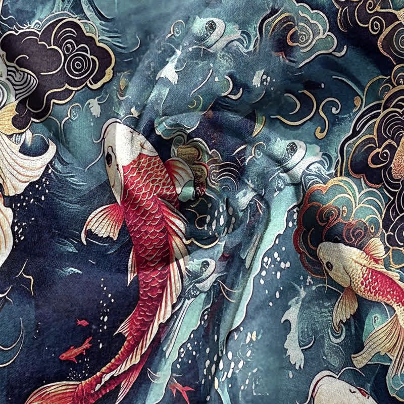 Buddha Stones Cotton Koi Fish Wave Pattern Men's Short Sleeve Half Button Shirt - image 9
