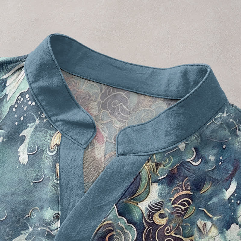 Buddha Stones Cotton Koi Fish Wave Pattern Men's Short Sleeve Half Button Shirt - image 7